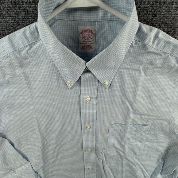 Brooks Brothers Non Iron Button Up Shirt Cotton Men 16.5 35 Madison Blue Check - Picture 1 of 16